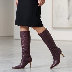 Vicini Burgundy Ostrich Embossed Knee-High Boots Size 39